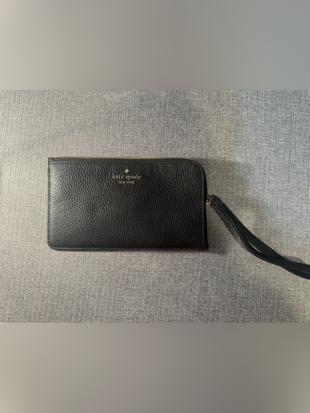 kate spade Black Pebble Leather Zip Wristlet with Gold Logo